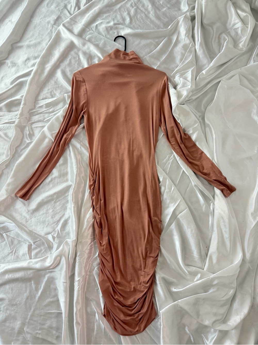 Long Sleeve Ruched Midi Dress in Rust